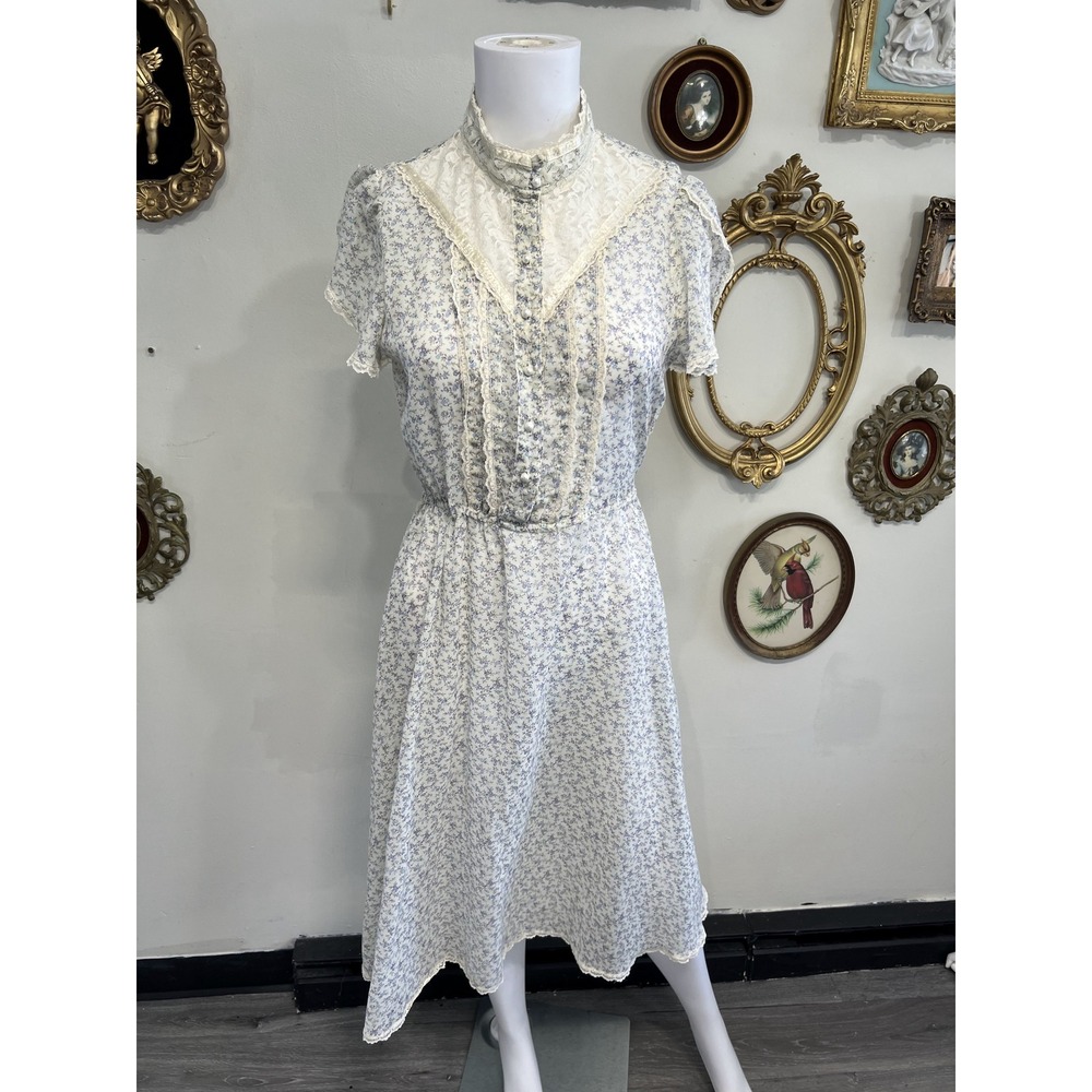 Vintage 1970s Blue White Floral Prairie Midi Dress Lace Trim High Neck Size 11
